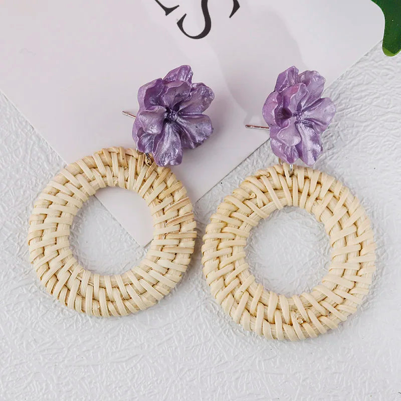 AENSOA Multiple 27 Style Korea Handmade Wooden Straw Weave Rattan Vine Braid Drop Earrings New Geometric Long Earrings