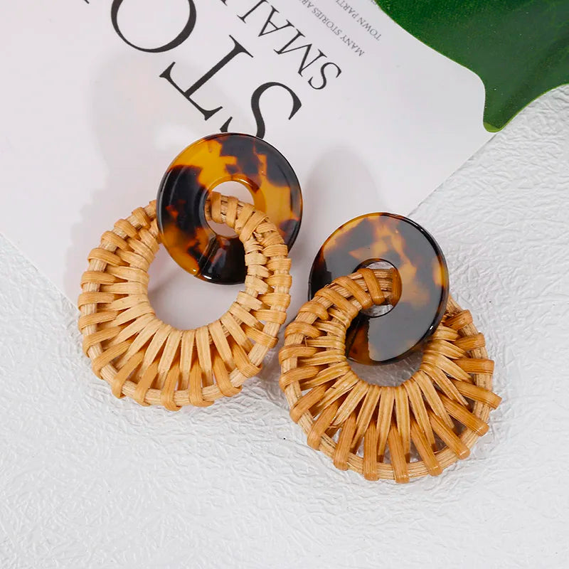 AENSOA Multiple 27 Style Korea Handmade Wooden Straw Weave Rattan Vine Braid Drop Earrings New Geometric Long Earrings