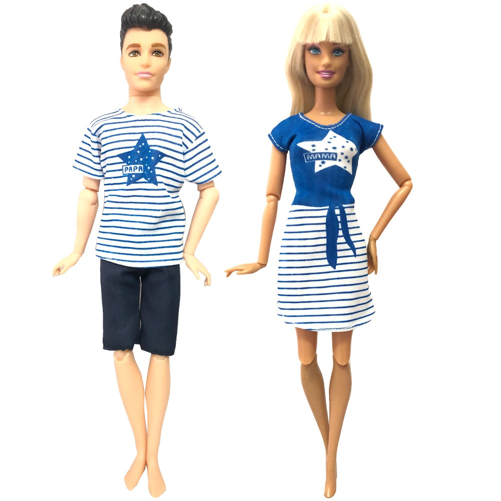 NK Mix 2 Pcs /Set Daily Wear Casual Couple Doll Dress for Barbie Doll Accessories Boy Girl Clothes Toy for Ken Doll 2GK JJ