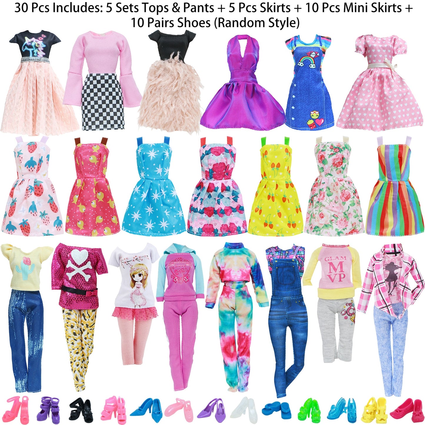 Random Mix Style Doll Accessories High Heels Shoes Swimsuit Wedding Party Gown Mini Dress Clothes for Barbie Doll Baby Toys