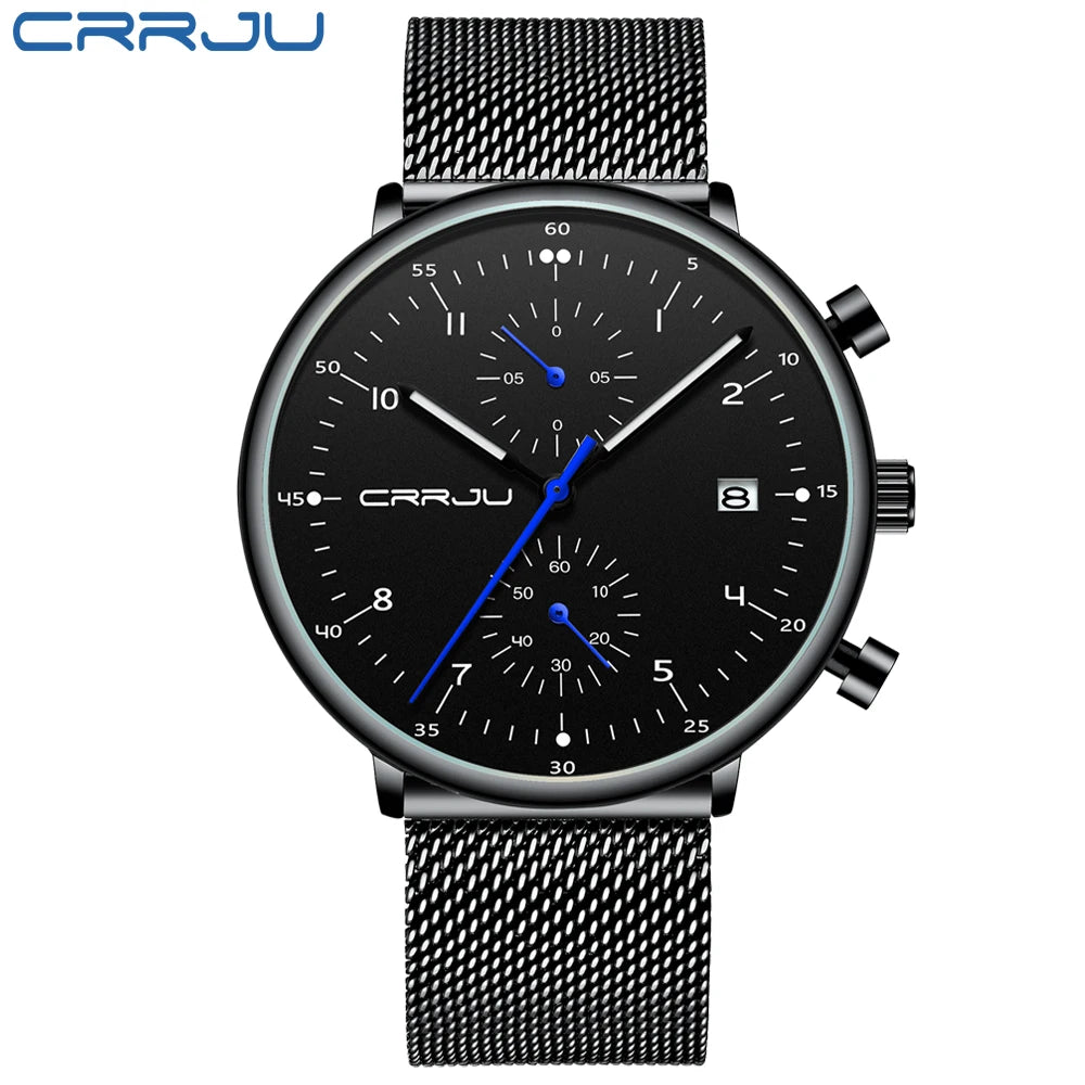 Mens Watch CRRJU Luxury Top Brand Men Stainless Steel WristWatch Men's Military Waterproof Date Quartz Watches Relogio Masculino