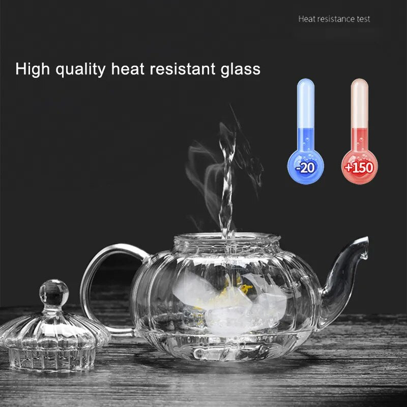 Heat Resistant Glass Pot 600ml Striped Pumpkin Shape Flower Teapot Glass Teapot