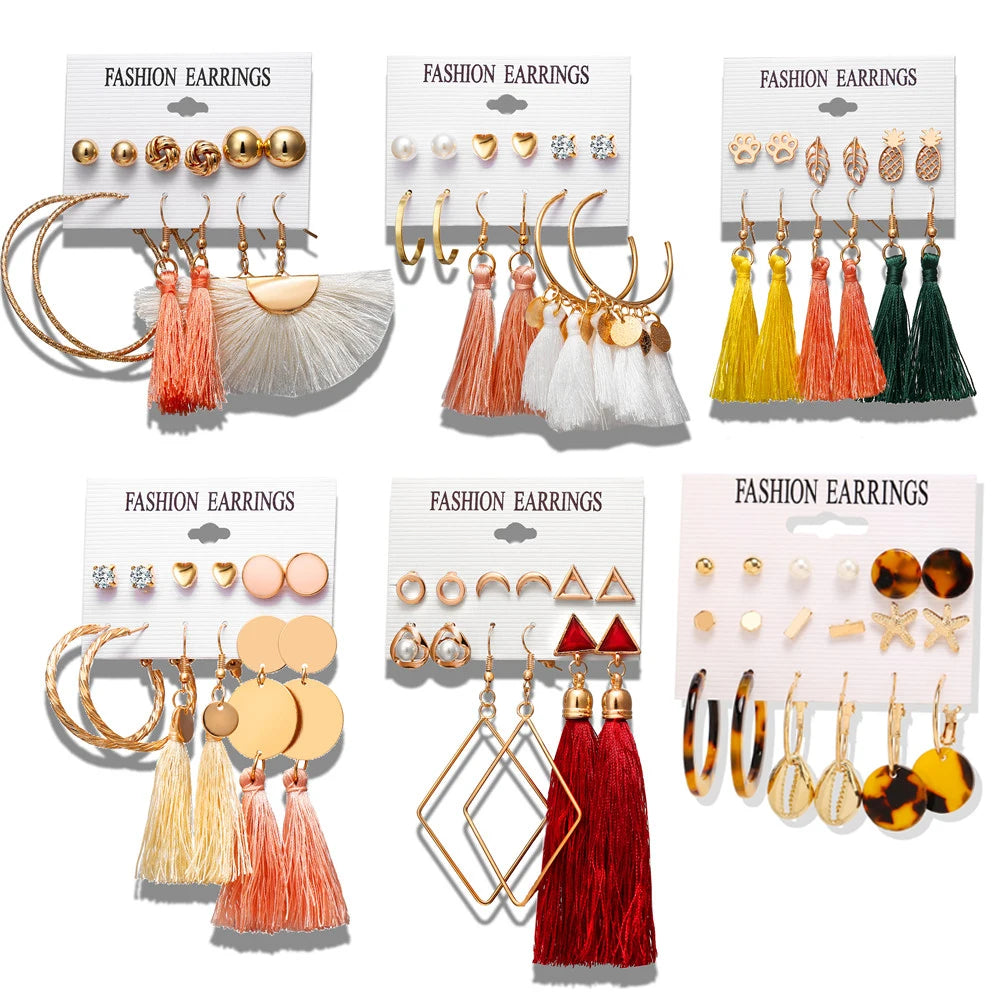 17KM 30 Boho Tassel Earrings Bohemian Long Earrings Set for Women Brincos Geometric Fabric Drop Earring Female Fashion Jewelry