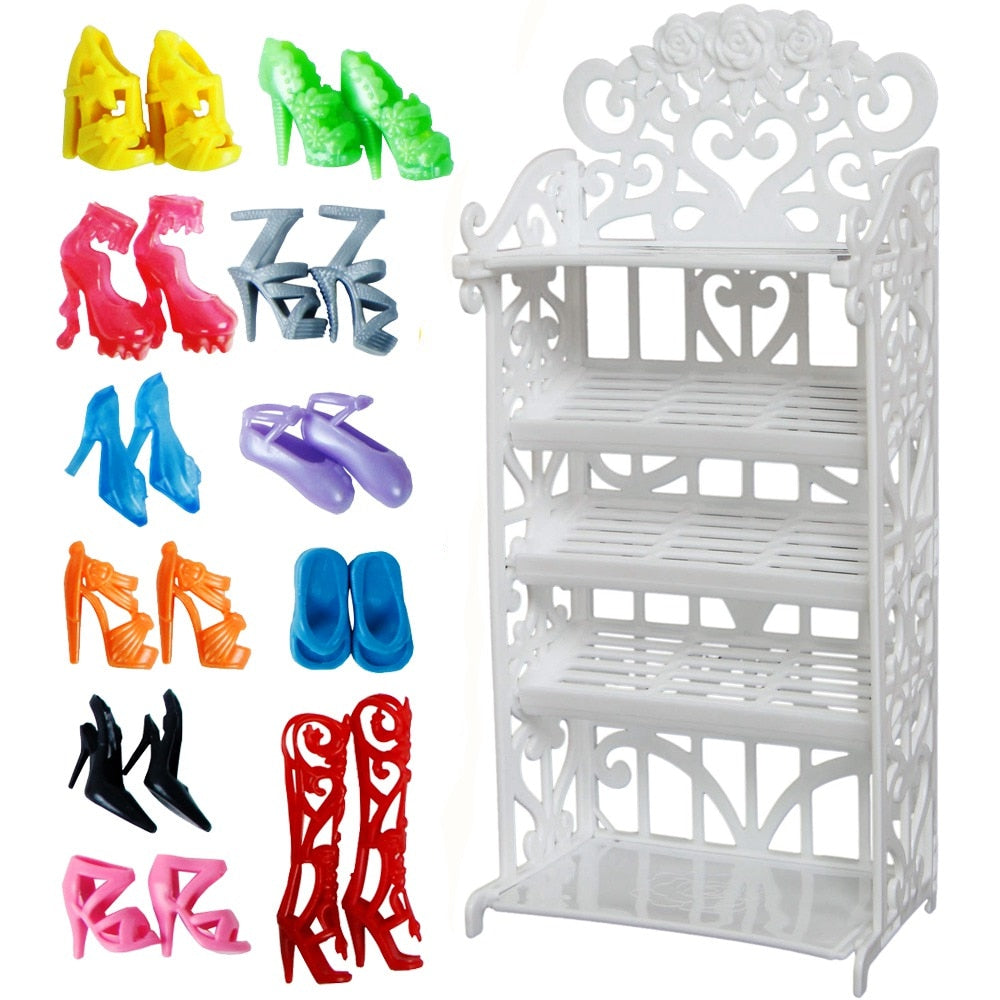 1x Plastic White Doll Shoes Rack / Random 12 Pairs Shoes Dollhouse Furniture Accessories for Barbie Doll Kids Toy