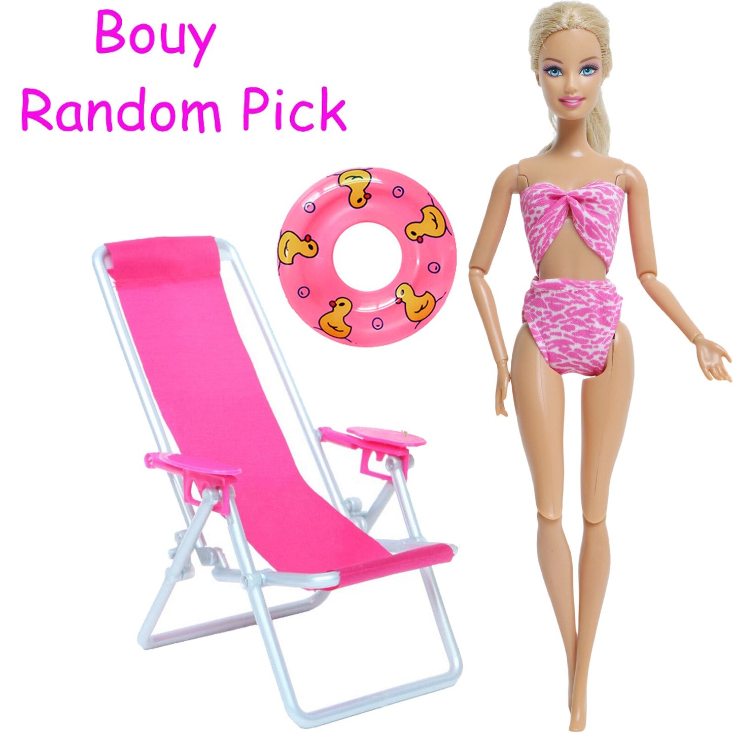 3 Pcs/Lot = 1x Swimsuit Bikini + 1x Random Swimming Buoy Lifebelt Ring +1x Pink Foldable Beach Chair Accessories for Barbie Doll