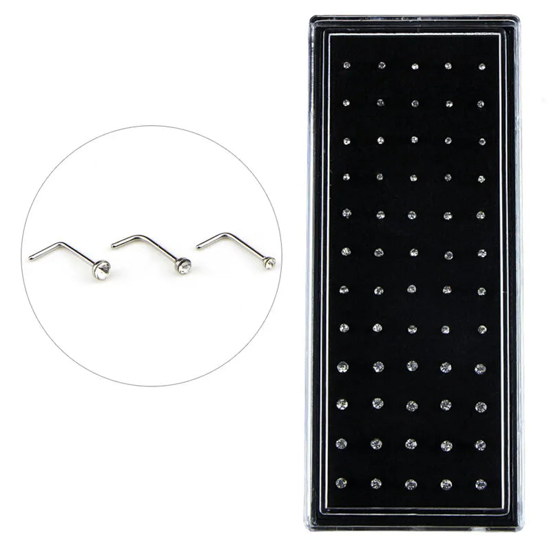 60 Pieces/Pack L Sheap Stainless Steel Crystal Nose Ring Set Women Girl Surgical Steel Nose Piercing Nose Stud Lot Body Jewelry