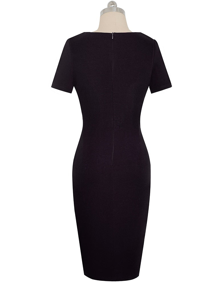 Nice-Forever New Spring Elegant Stylish Contrast Color Patchwork Office Work Vestidos Business Bodycon Women Dress B571