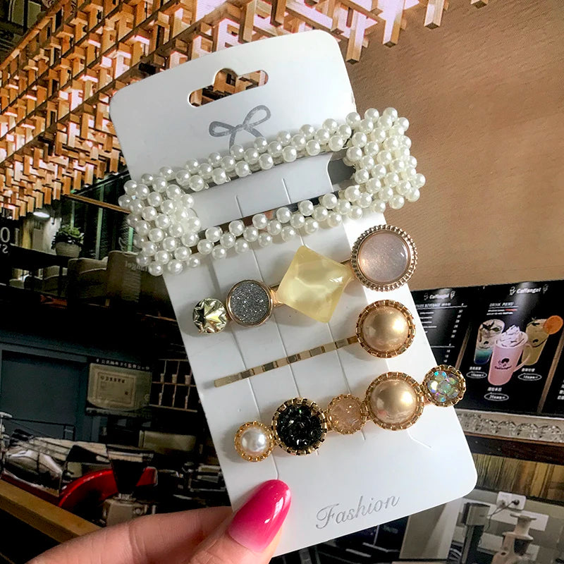 Korean Simulated Pearl Barrettes Beaded Geometric Women Hair Clip Hairgrips Hair Accessories Girls Jewelry Hair Pins