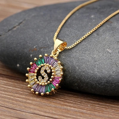 Gold Color Initial Multicolor CZ Necklace Charm Letter Necklace Name Jewelry for Women Accessories Girlfriend