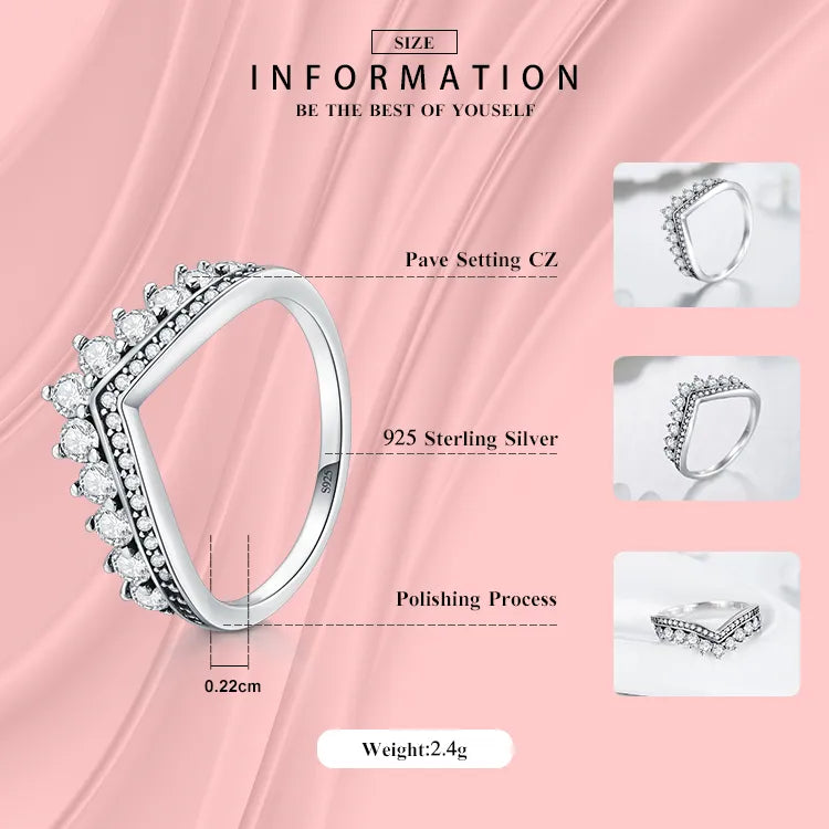 Modian Fashion 100% Real 925 Sterling Zircon Crown Finger Ring Classic Stackable Silver Jewelry for Women Wedding Christmas