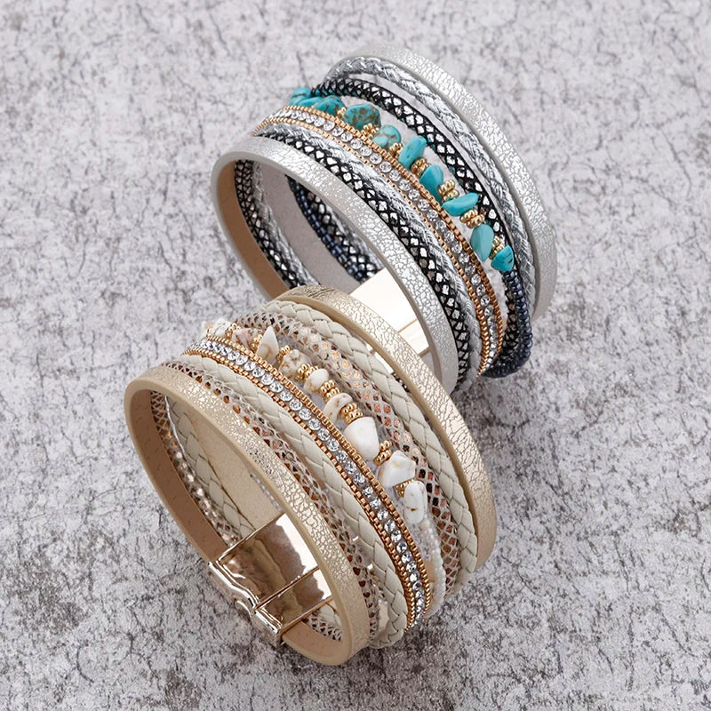 ALLYES Natural Stone Leather Bracelets for Women Luxury Brand Femme Boho Style Wide Multilayer Wrap Bracelet Female Jewelry