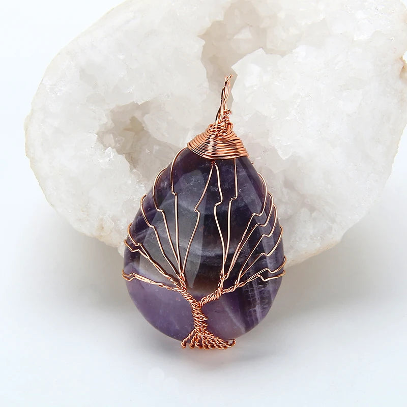 Natural Purple Quartz Opal Stone Pendants Handmade Rose Gold Color Tree of Life Wrapped Drop Shaped Crystal Pendant Necklace