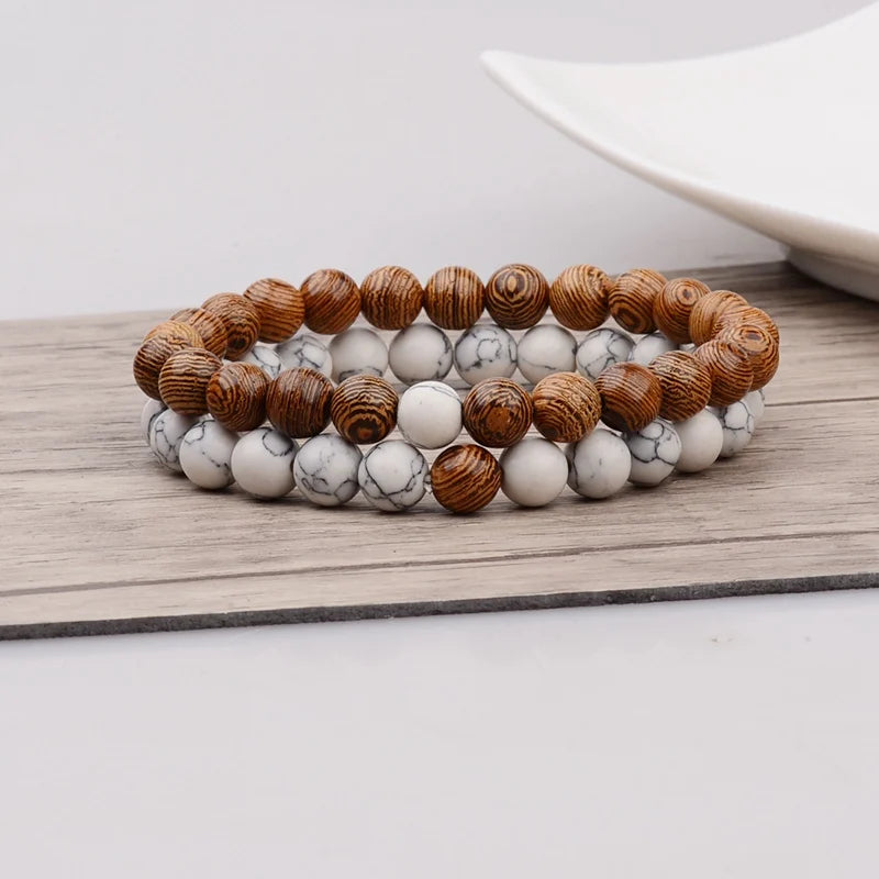 Couples Distance Bracelet Natural Wood Stone White and Black Yin Yang Beaded Bracelets for Men Women Best Friend Valentine's Day