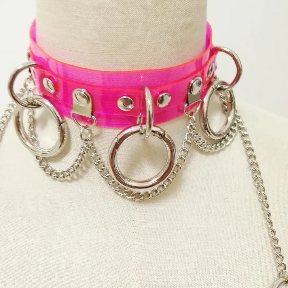 Women Fashion Punk Choker Necklace Handmade Neon Green Neon Pink Three O Chain Necklace Harajuku Collar Belt