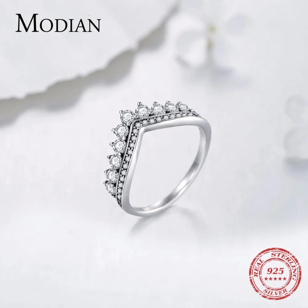 Modian Fashion 100% Real 925 Sterling Zircon Crown Finger Ring Classic Stackable Silver Jewelry for Women Wedding Christmas