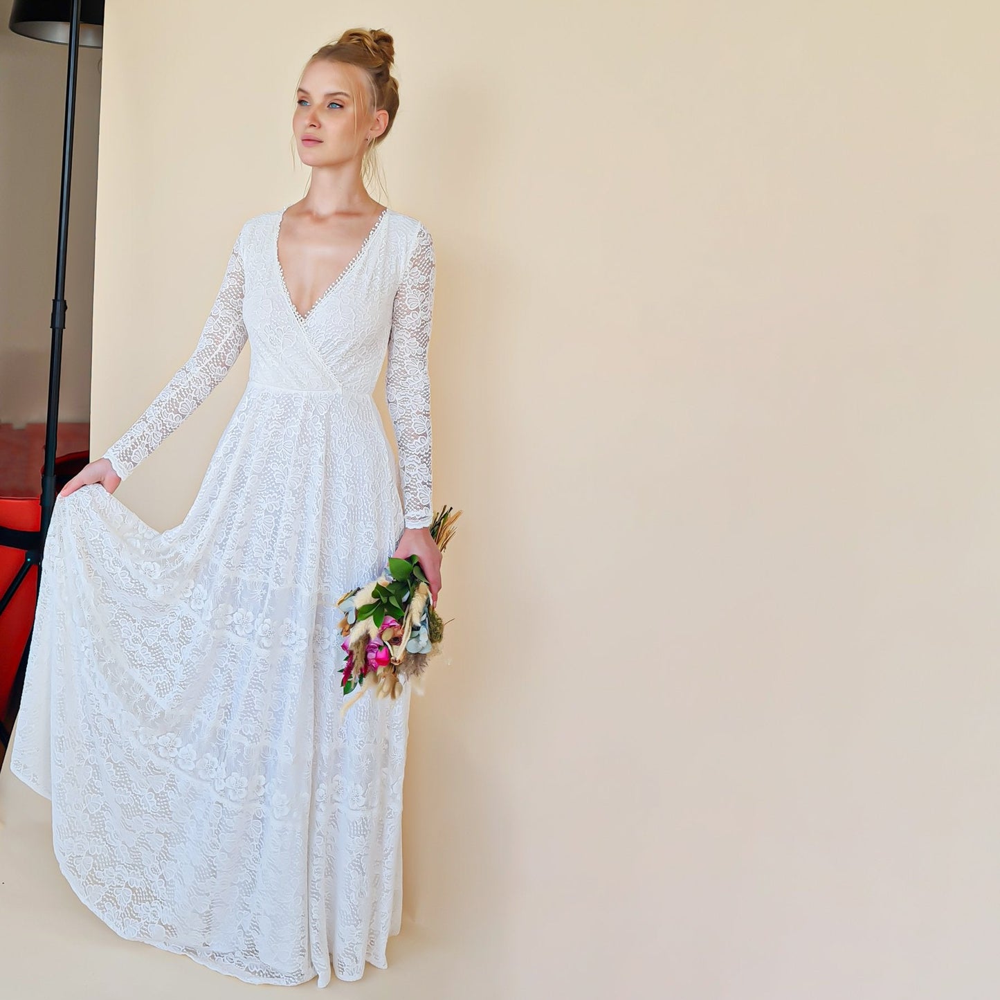 Bohemian Lace Wedding Dress Wrap Neckline With Fringes #1363