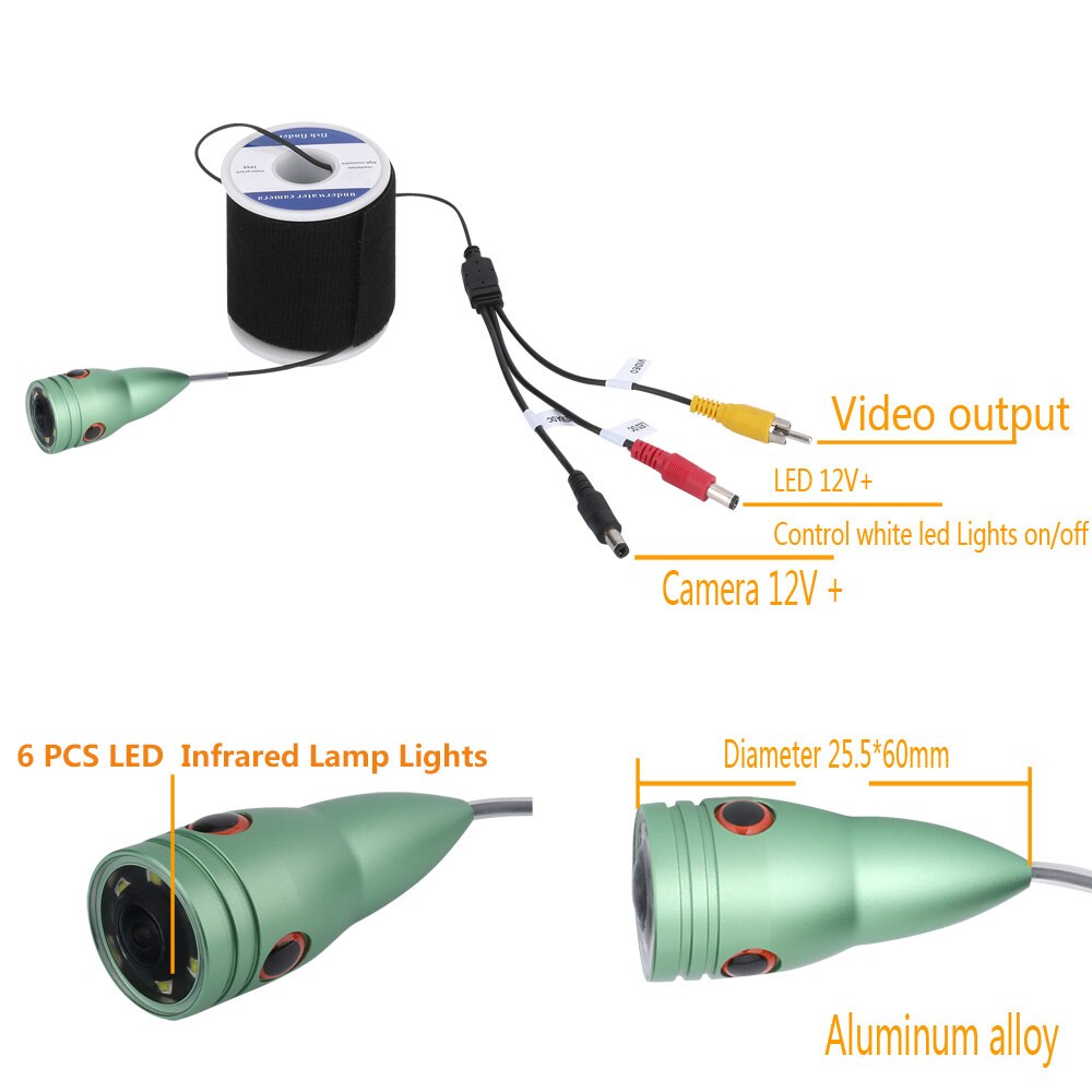 GAMWATER 1000tvl Underwater Fishing Cable+ Camera With 6PCS 1W LED Infrared Lamp Lights