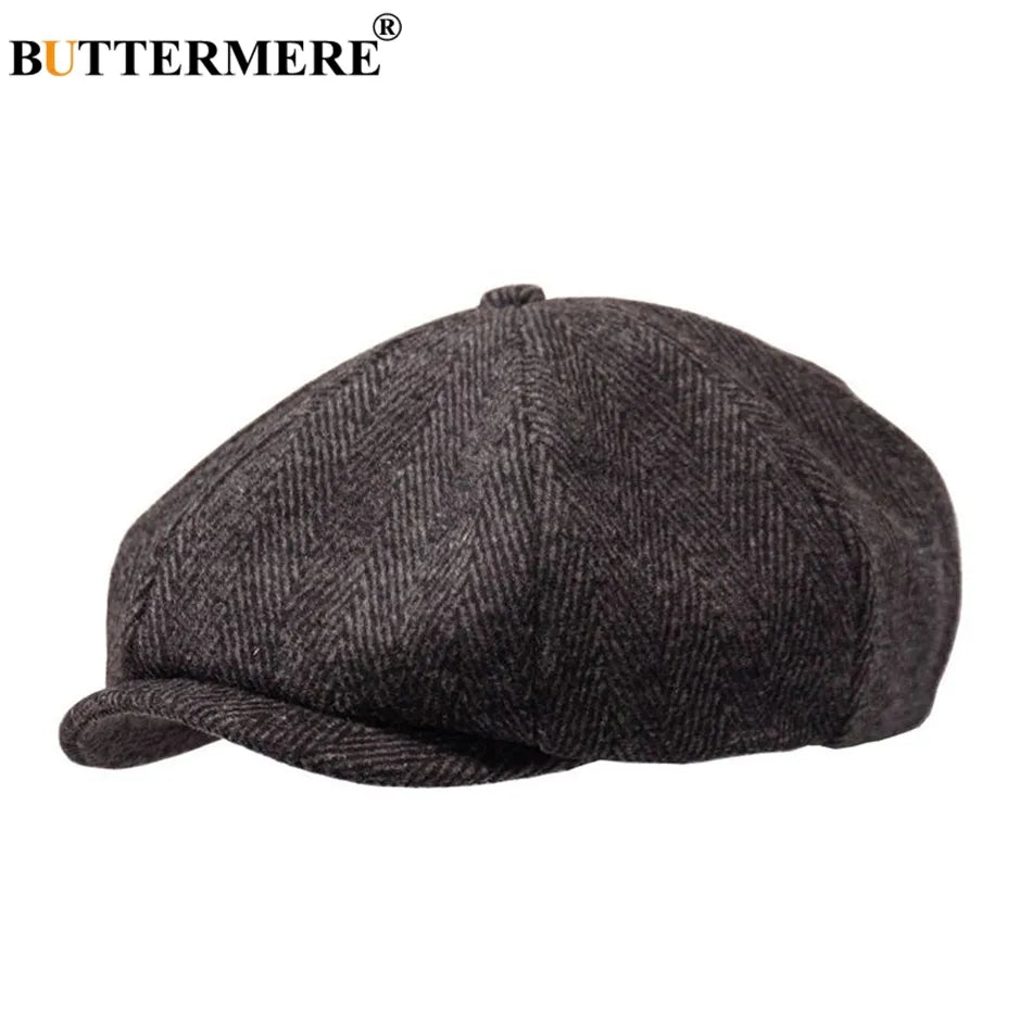 BUTTERMERE Newsboys Beret Herringbone Men Flat Caps Wool Casual Winter Tweed Female England Style Classic Octagonal Hats and Cap