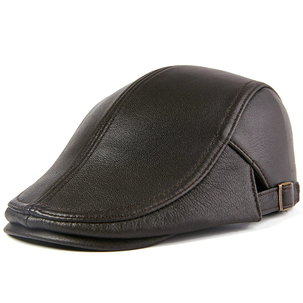 BUTTERMERE Men Beret Hat Real Leather Flat Cap Sheepskin Autumn Winter Male Brown Adjustable High Quality Gatsby Mens Beret Caps