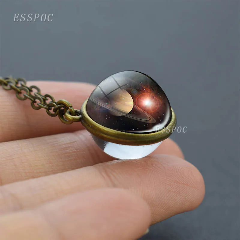 Full Moon Sphere Crystal Ball Glass Necklace Handmade Double Side Glass Ball Pendant Solar System Outer Space Astronomy Jewelry