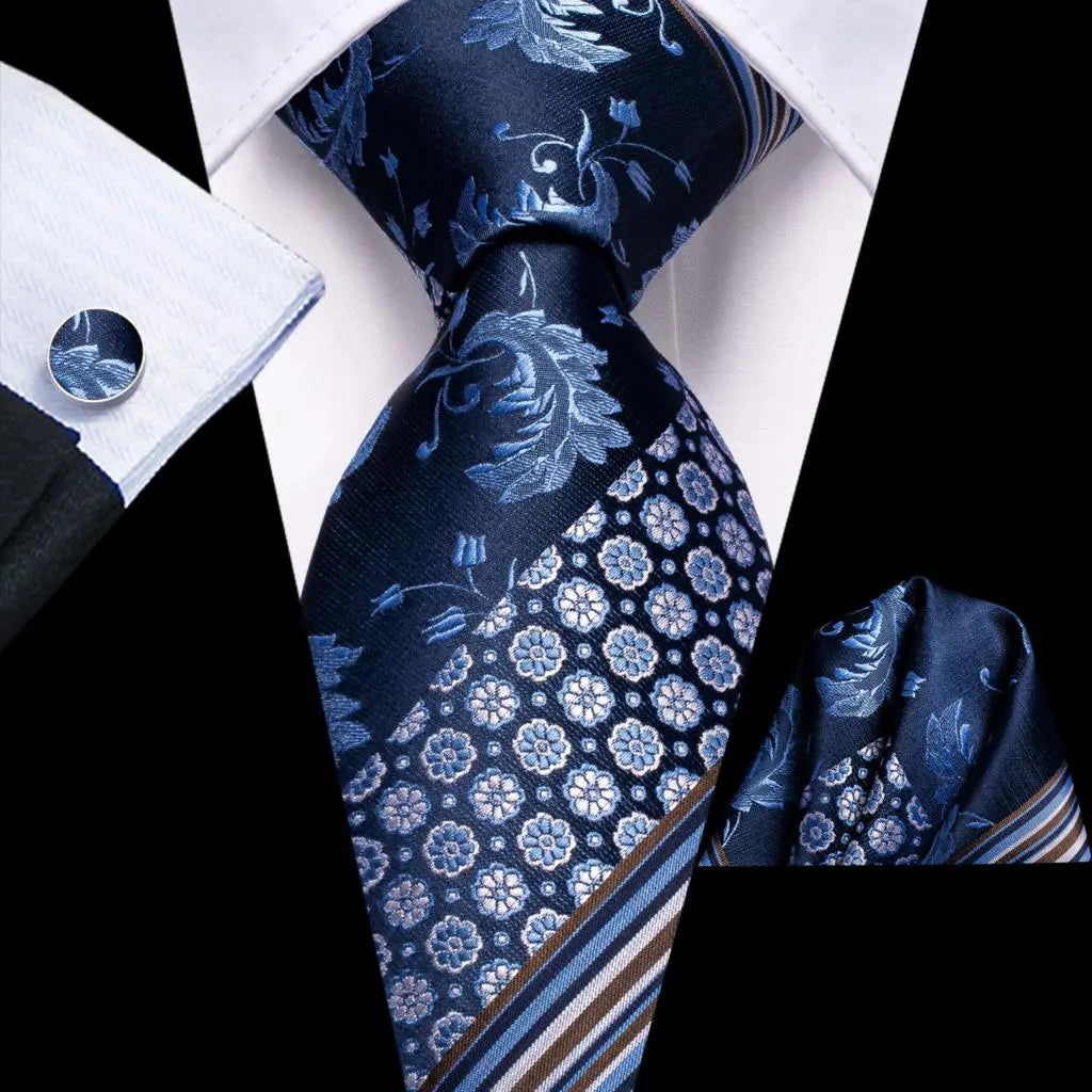 Business Tie for Men Silk Blue Tie Dots Necktie Set Plaid Cufflinks for Wedding Business Tie 150cm Hi-Tie SN-3529