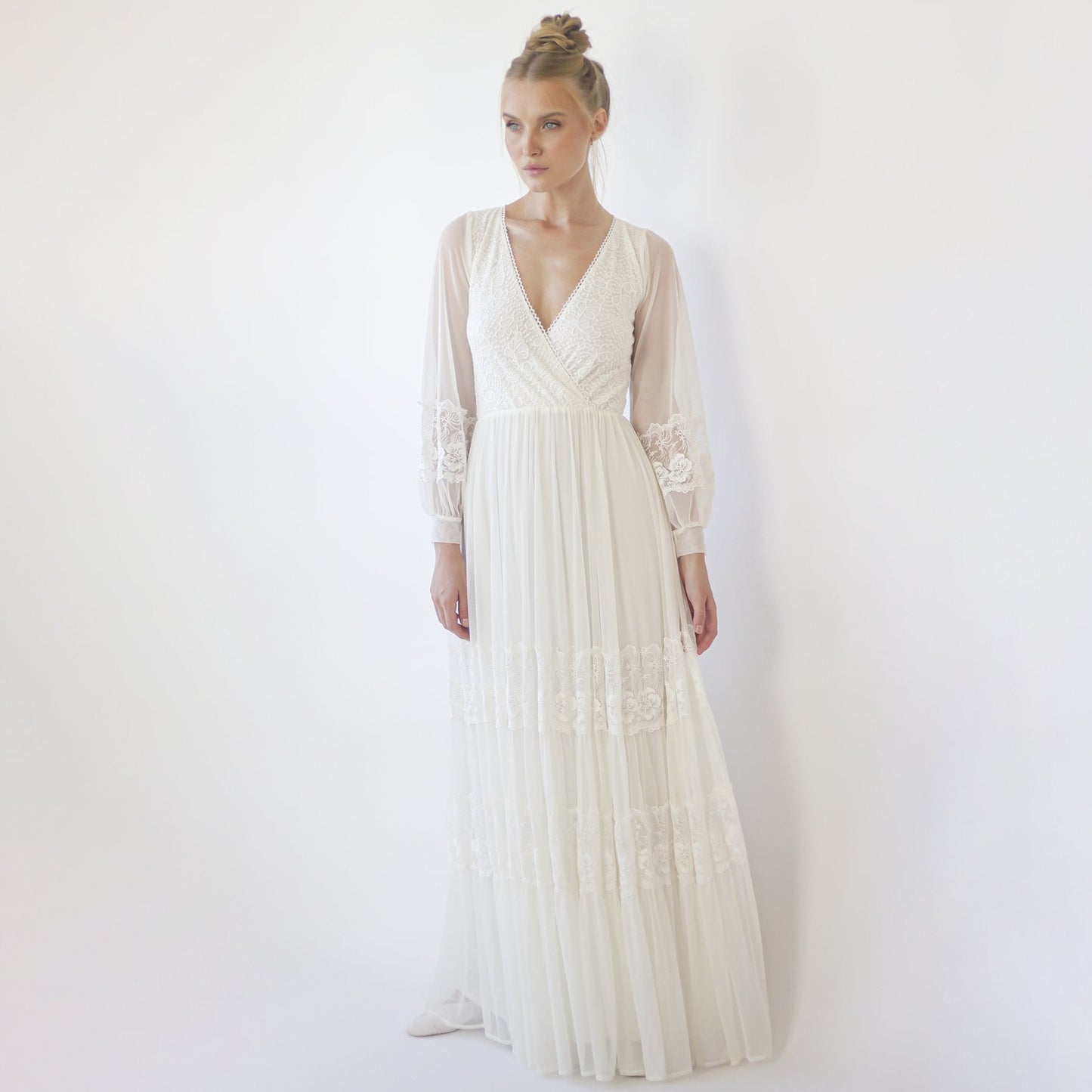 Bestseller Ivory Wrap Lace Wedding Dress With Chiffon Mesh Sleeves #1352