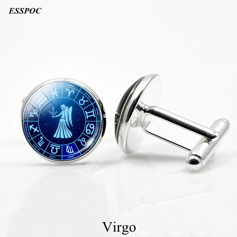 12 Zodiac Signs Glass Cabochon Cufflinks Metal Constellations Cuff Link for Men Shirt Accessories Valentines Day