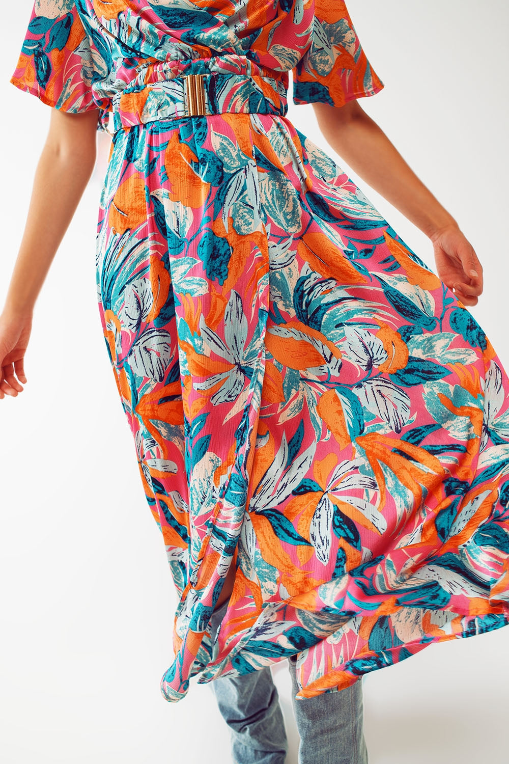 Wrap Maxi Belted Dress With Floral Print in Orange