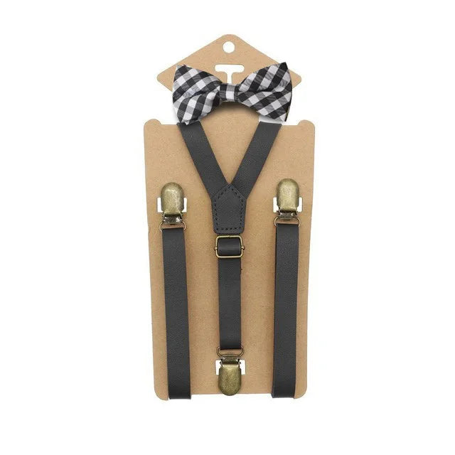 3 Clips Y Back Kid Brown Tan Leather Suspender and Bow Tie Ring Bearer Bowtie Set Birthday Outfit 80*1.5cm Adjustable