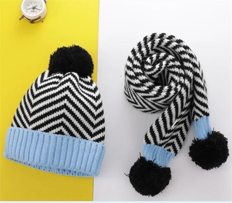 Winter Kid Warm Knit Hat and Scarf Child Patchwork Stripe Hat 2 Piece Set Boy Girls Ear Protection Cap With Pom Pom Scarves