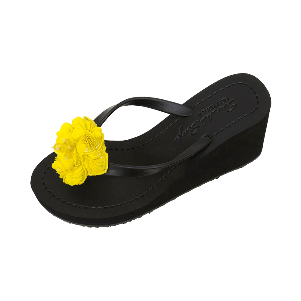 Noho Yellow Flower - Sequence Embellished Women's High Wedge Flip Flops