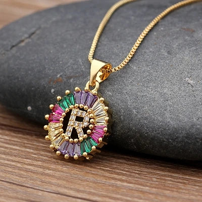 Gold Color Initial Multicolor CZ Necklace Charm Letter Necklace Name Jewelry for Women Accessories Girlfriend