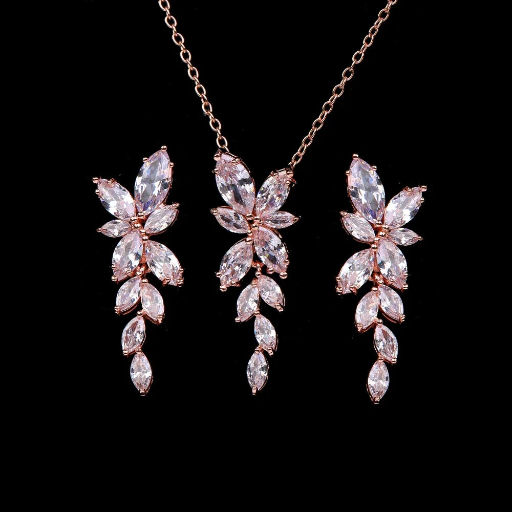 LXOEN Marquise Cut Flower Zirconia Crystal Long Drop Earrings for Women Shiny Leaf CZ Stone Bridal Wedding Jewelry
