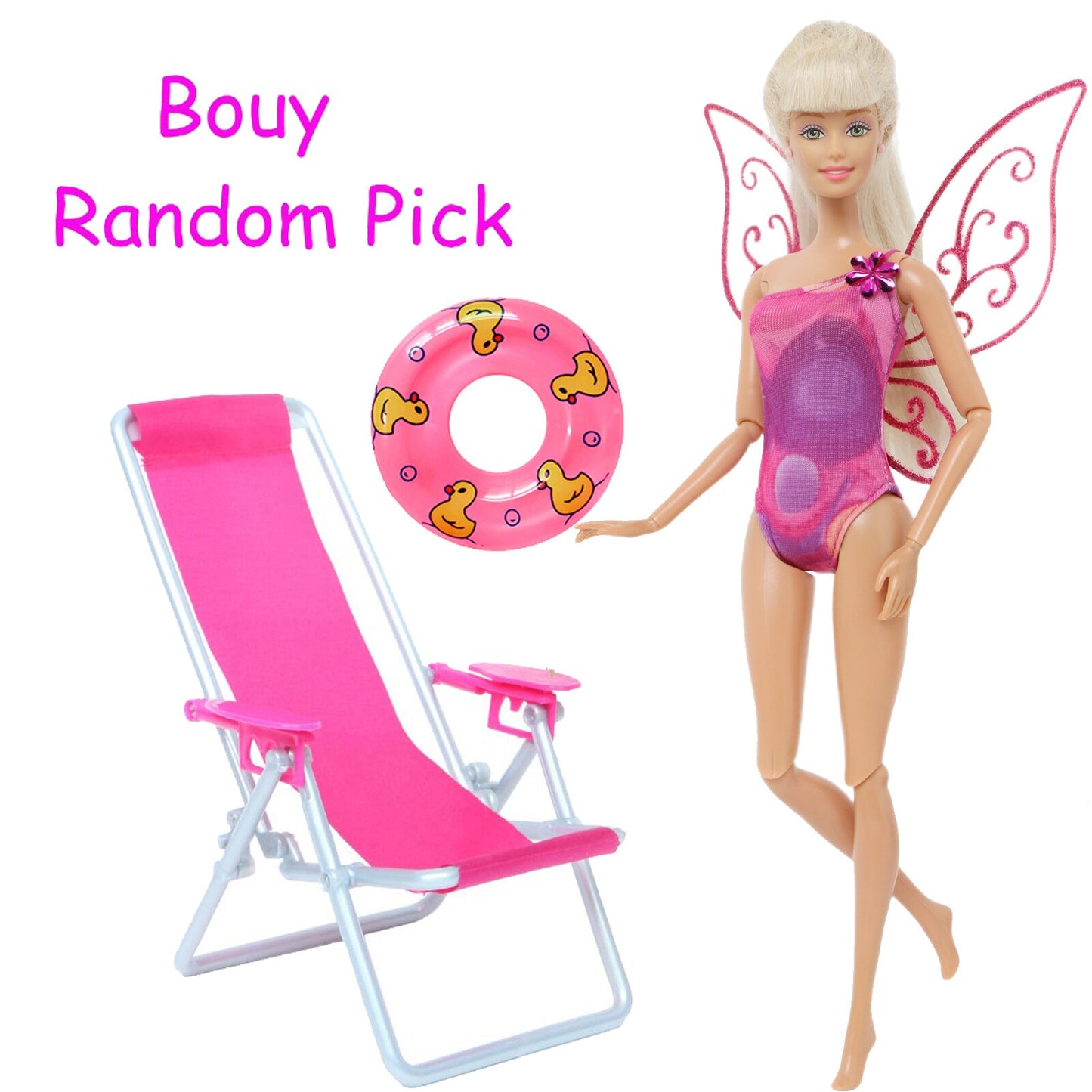 3 Pcs/Lot = 1x Swimsuit Bikini + 1x Random Swimming Buoy Lifebelt Ring +1x Pink Foldable Beach Chair Accessories for Barbie Doll
