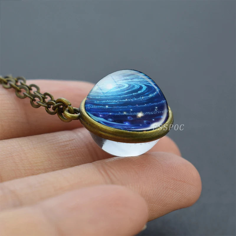 2019 New Glass Ball Galaxy Double Sided Pendant Necklace Universe Planet Jewelry Glass Picture Handmade Statement Necklace