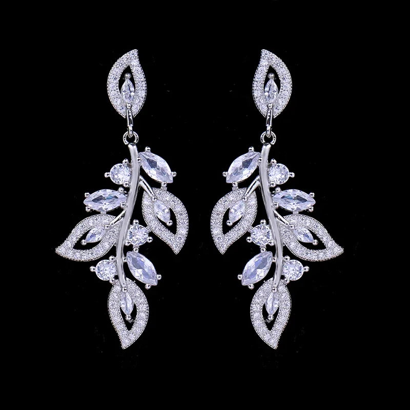 LXOEN Marquise Cut Flower Zirconia Crystal Long Drop Earrings for Women Shiny Leaf CZ Stone Bridal Wedding Jewelry