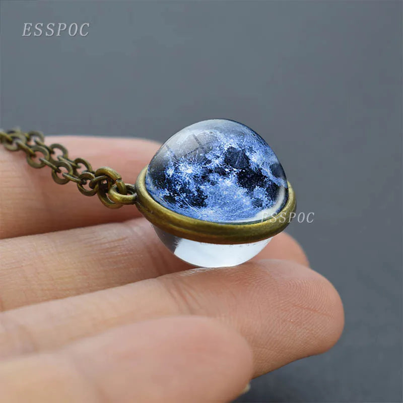 Full Moon Sphere Crystal Ball Glass Necklace Handmade Double Side Glass Ball Pendant Solar System Outer Space Astronomy Jewelry