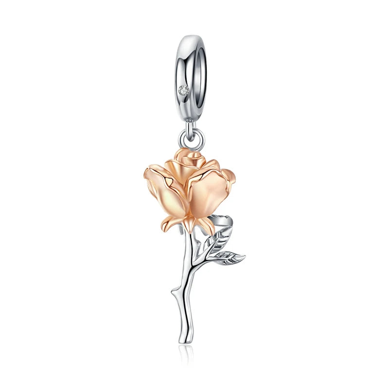 Bamoer 3D Rose Flower Pendant Charm 925 Sterling Silver Rose Gold Color Charms for Bracelet or Necklace DIY Sunflower Charms