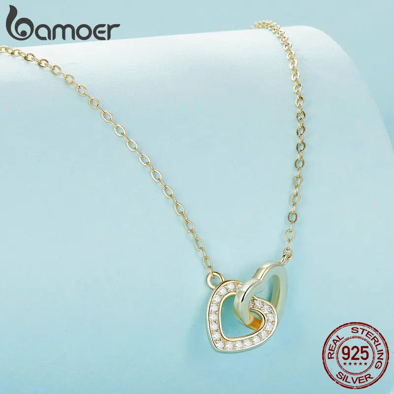 Bamoer 925 Sterling Silver Connected Heart Pendant Necklace for Girlfriend Valentine's Day Fine Jewelry SCN181
