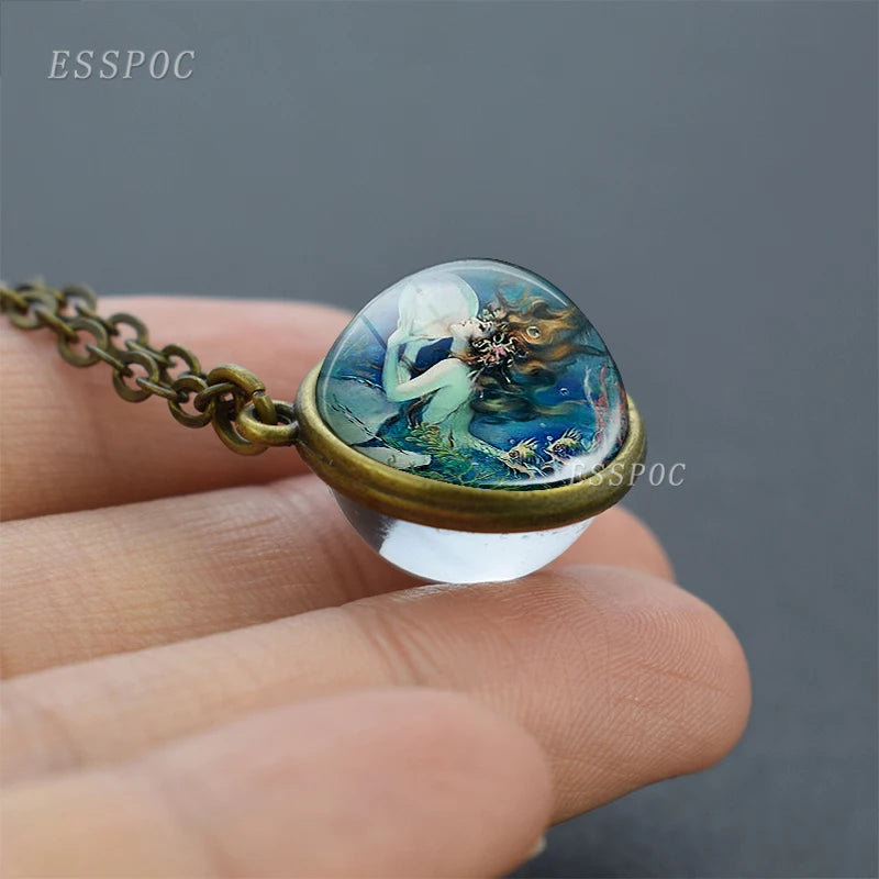 Vintage Double Sided Glass Ball Necklace Hadas Goticas Angel on Moon Art Photo Fairy Tale Pendant Women Jewelry