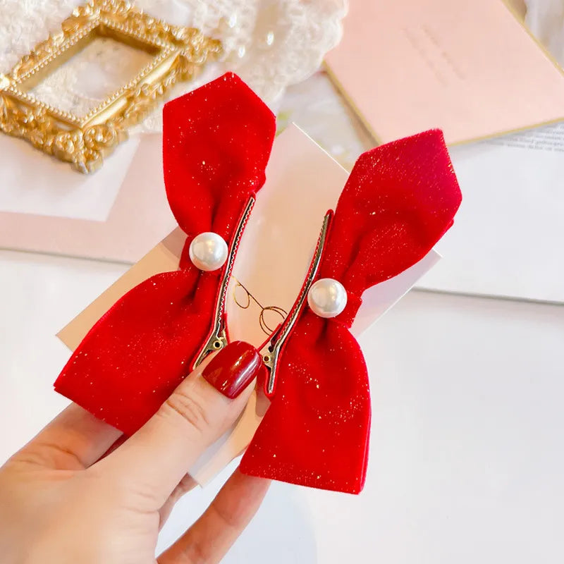 Red Golden Velvet Bow Hair Ornament Baby Hair Circles Pins Christmas New Year Ko