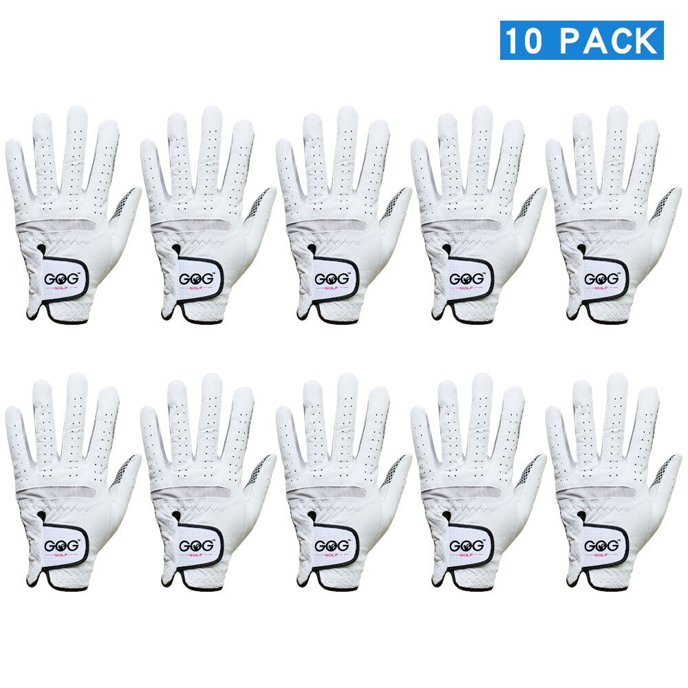 10 Pcs Mens Golf Gloves Left/Right Hands Golfer Branded Packaging White Leather