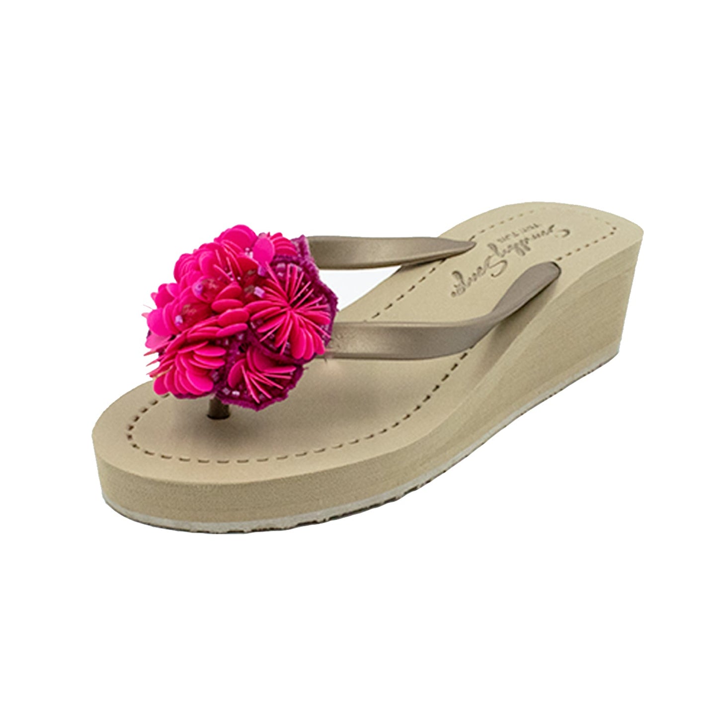 Noho Pink Flower - Embroidered Mid Wedge Flip Flops