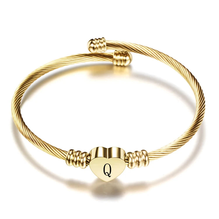 Girls Gold Color Stainless Steel Heart Bracelet Bangle With Letter Initial Alphabet Charms Bracelets for Women