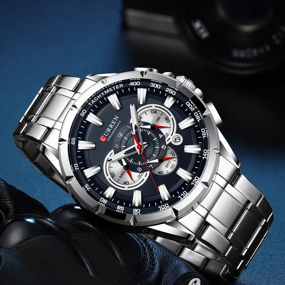 CURREN New Casual Sport Chronograph Men's Watches Stainless Steel Band Wristwatch Big Dial Quartz Clock With Luminous Pointers