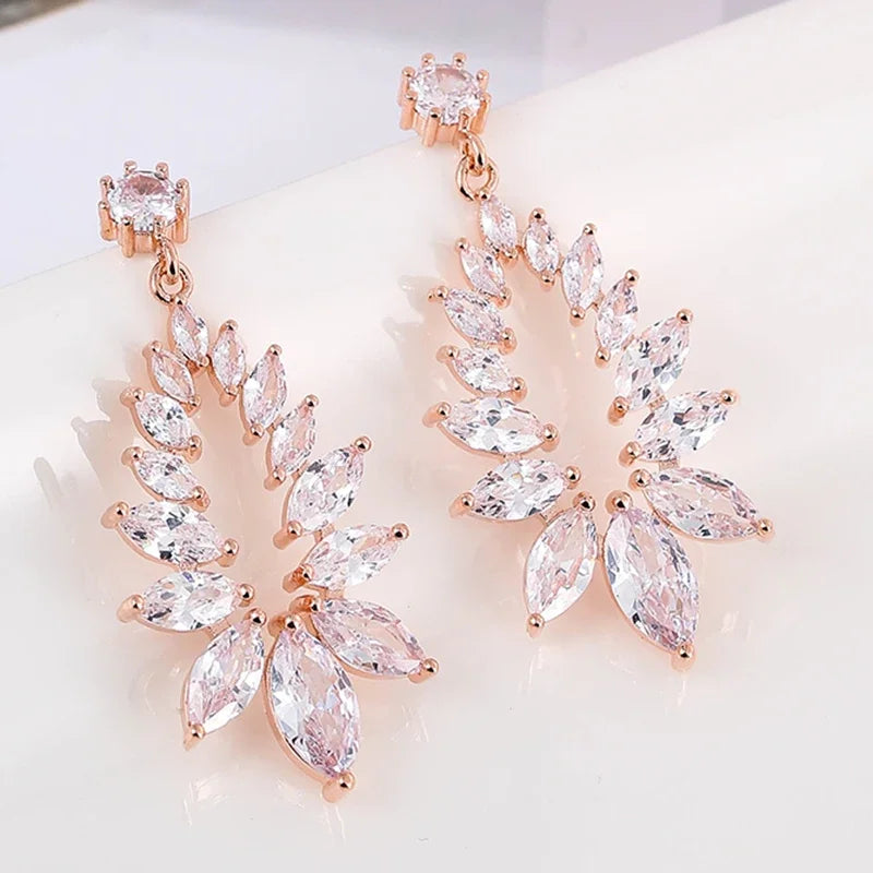 LXOEN Marquise Cut Flower Zirconia Crystal Long Drop Earrings for Women Shiny Leaf CZ Stone Bridal Wedding Jewelry