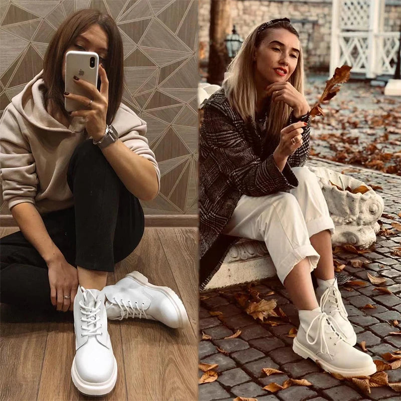 Soft Split Leather Women White Ankle Boots Female Autumn Winter Shoes Woman Punk Motorcycle Boots Spring Winter 35-44