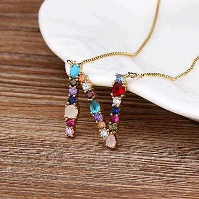 New Arrival Personal Name Letter Necklace Rainbow CZ Initials Alphabet Women Girls Gorgeous Family Jewelry