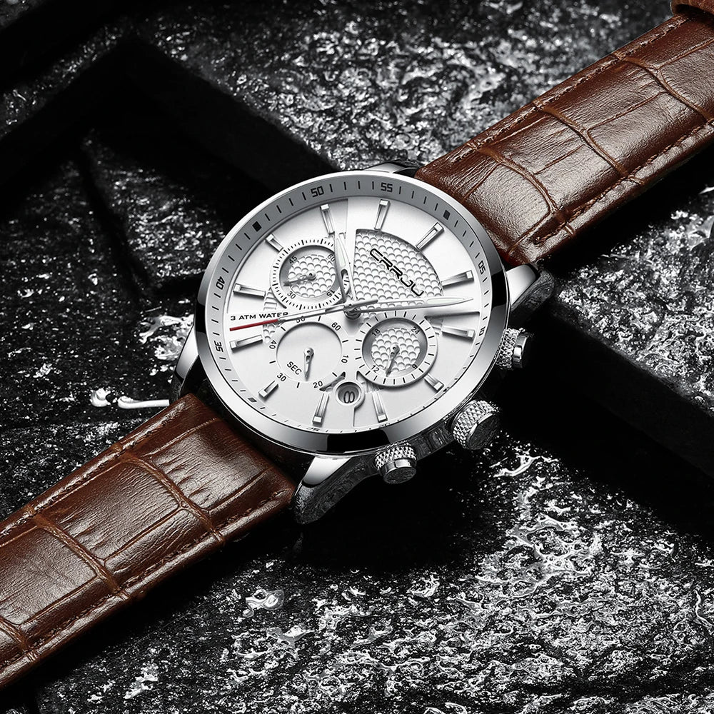 Watches Mens 2021 CRRJU Casual Leather Quartz Men's Watch Top Brand Luxury Business Clock Male Sport Waterproof Date Chronograph