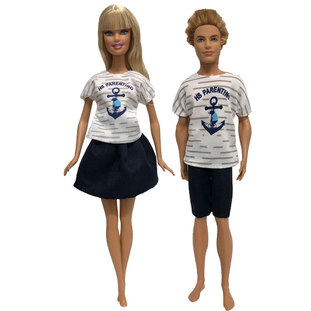 NK Mix 2 Pcs /Set Daily Wear Casual Couple Doll Dress for Barbie Doll Accessories Boy Girl Clothes Toy for Ken Doll 2GK JJ